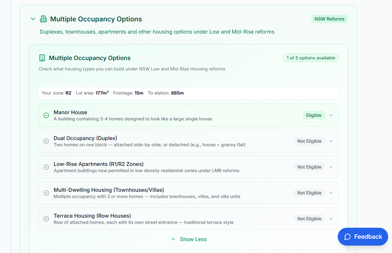 Verify showing Multiple Occupancy Options including Manor House, Dual Occupancy, Low-Rise Apartments eligibility