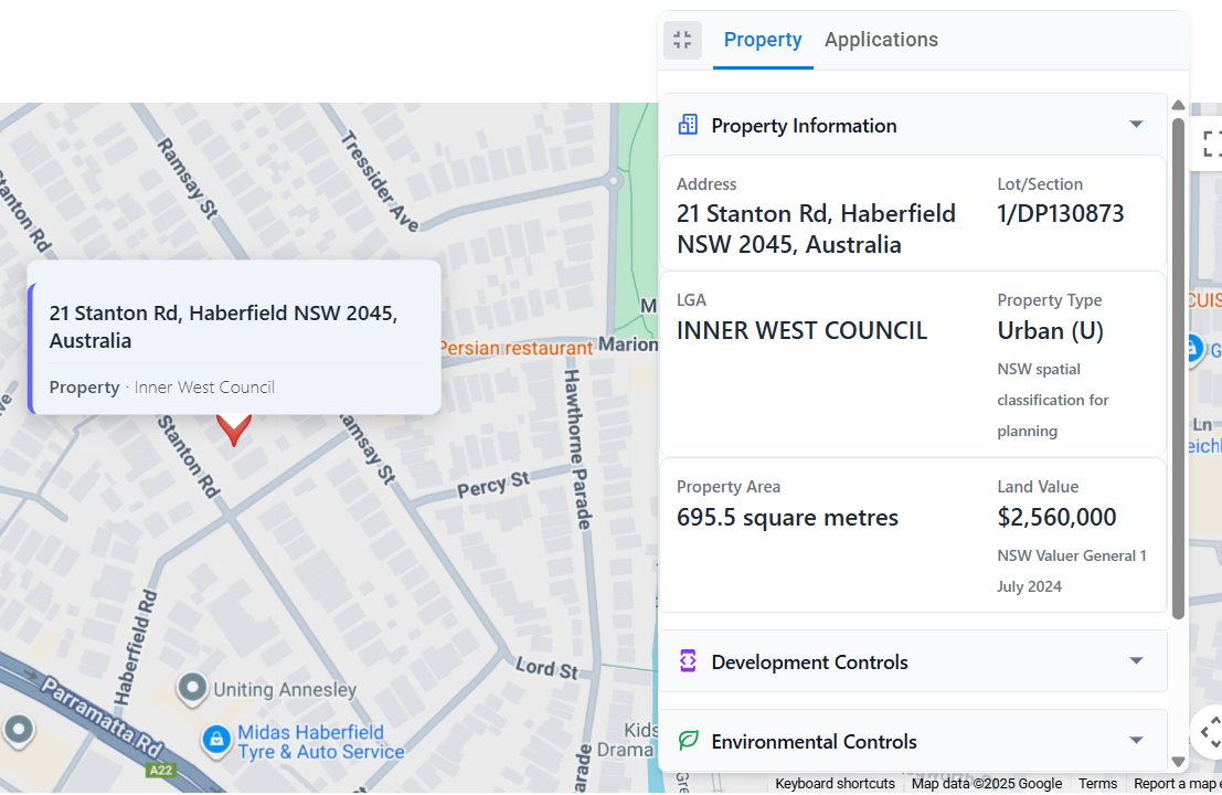 MapViewer showing property zoning, constraints, and development controls