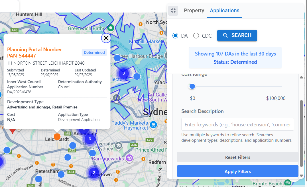 Scout DA popup showing application details including description, cost, and status