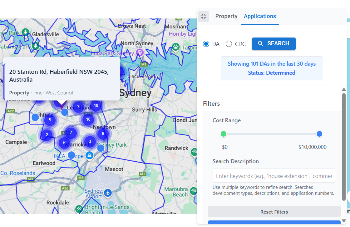 Scout showing 107 development applications in the Haberfield area with map pins