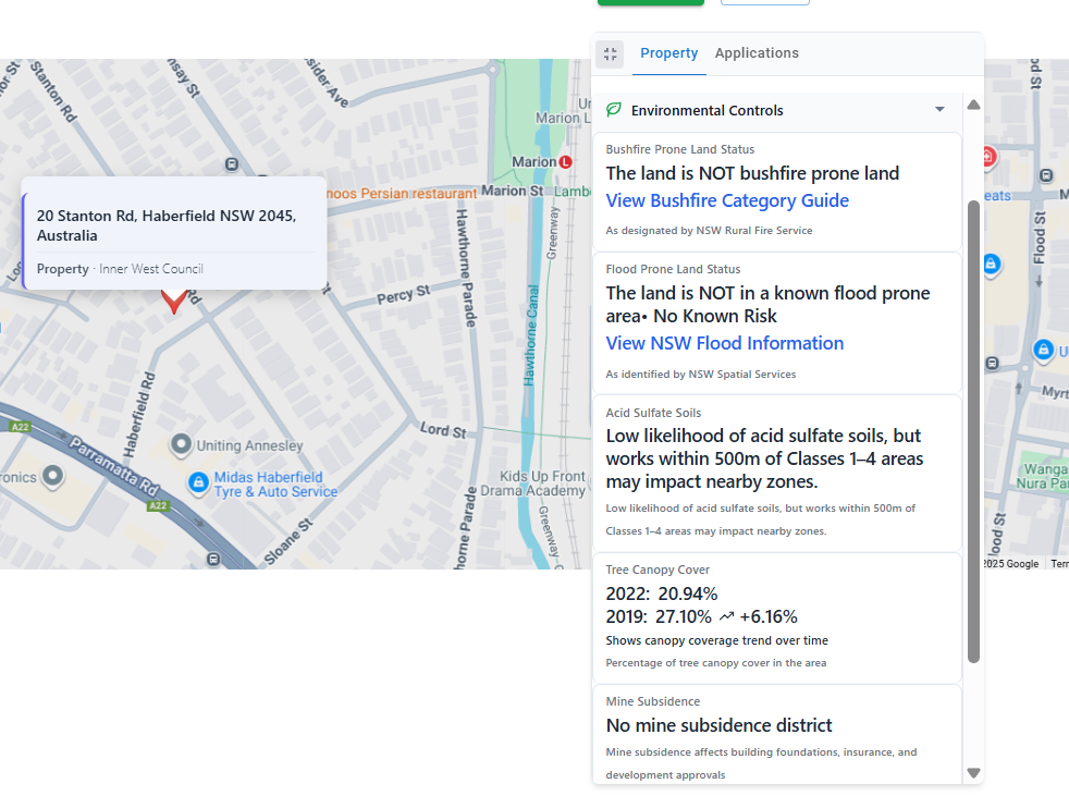 Scout environmental constraints panel showing bushfire and flood data